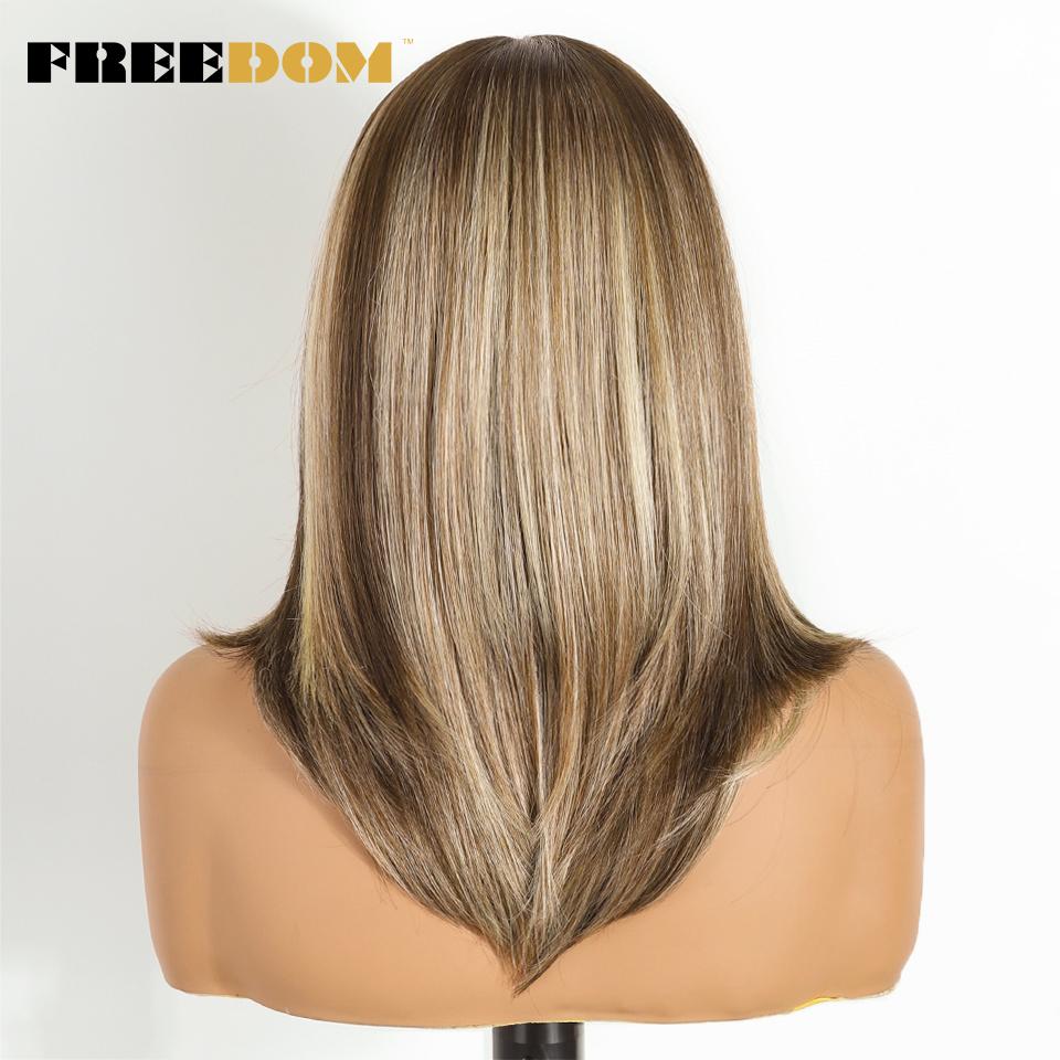 FREEDOM Layered Straight Synthetic Lace Front Wigs For Women Short Bob 6x4 Wear And Go Glueless Wig Ombre Brown Pre Plucked Wigs