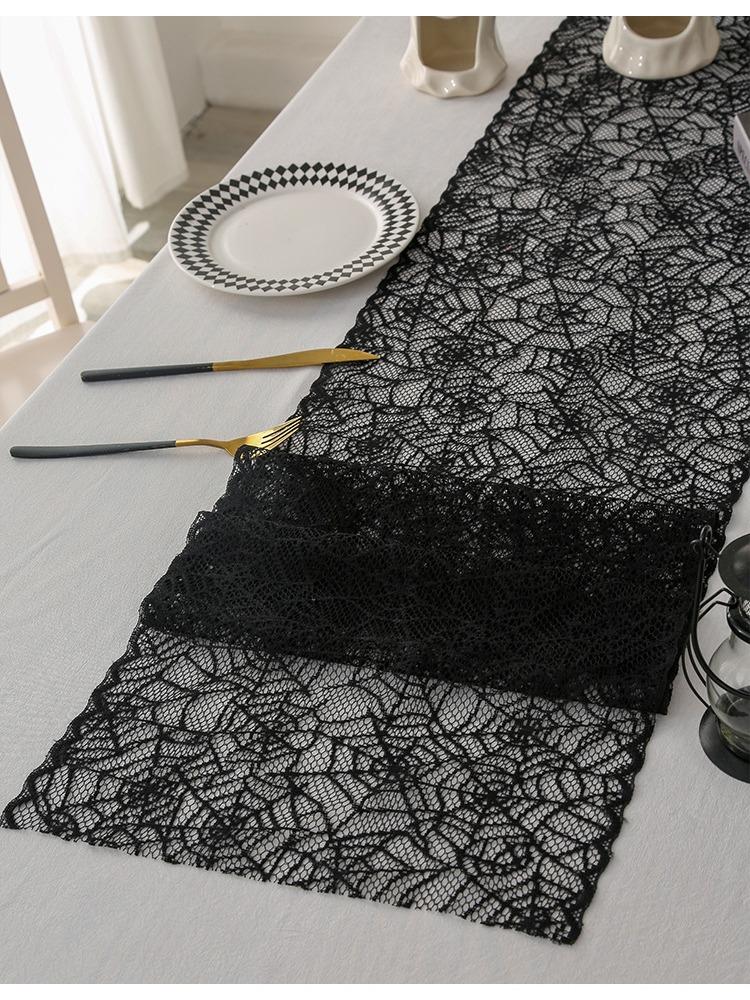 1pc Black Polyester Lace Spider Web Table Runner | American Halloween Party Gift Home Dining Decor, Ghost Festival, Festive Tabletop Accessory