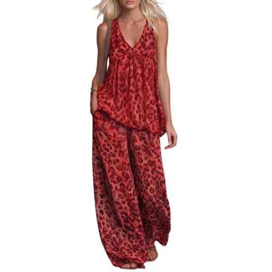 

Summer Printed 2 Piece Sets for Women Sleeveless V Neck Tank Top And Wide-Leg Pants Lounge Sets Casual Vacation Matching Outfits L красный