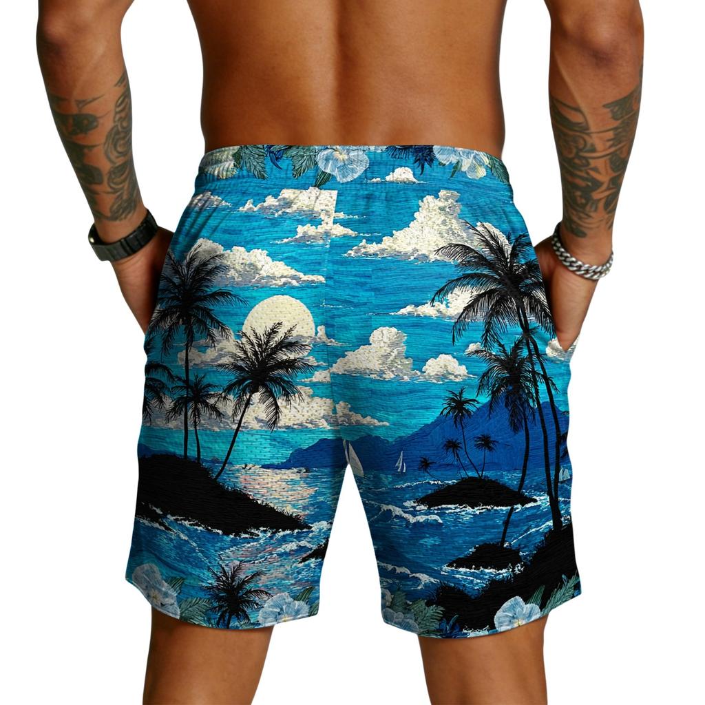 Men Casual Lightweight Drawstring Shorts with Hawaiian Print Quick Dry Fabric for Summer Outdoor Activities