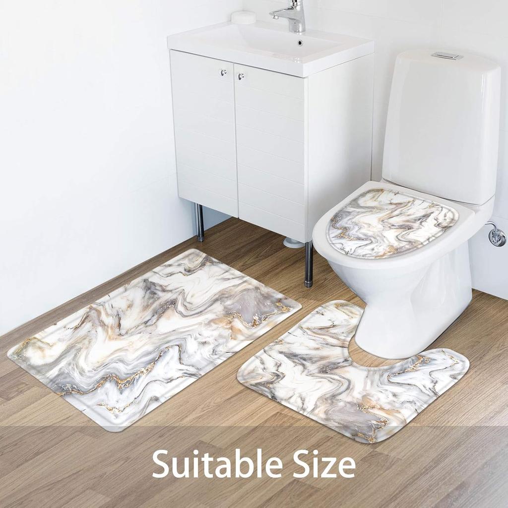 Marble Bathroom Sets With Shower Curtain And Rugs And Accessories, Abstract Grey Gold White, Modern, Gray Bathroom Decor Set