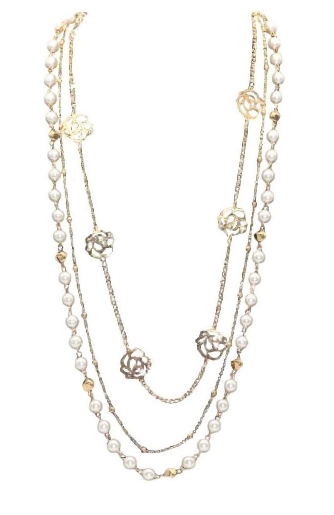 

Жемчужное длинное ожерелье с дизайном розы и золотой цепочкой [Sara Rose] 3-рядное белый