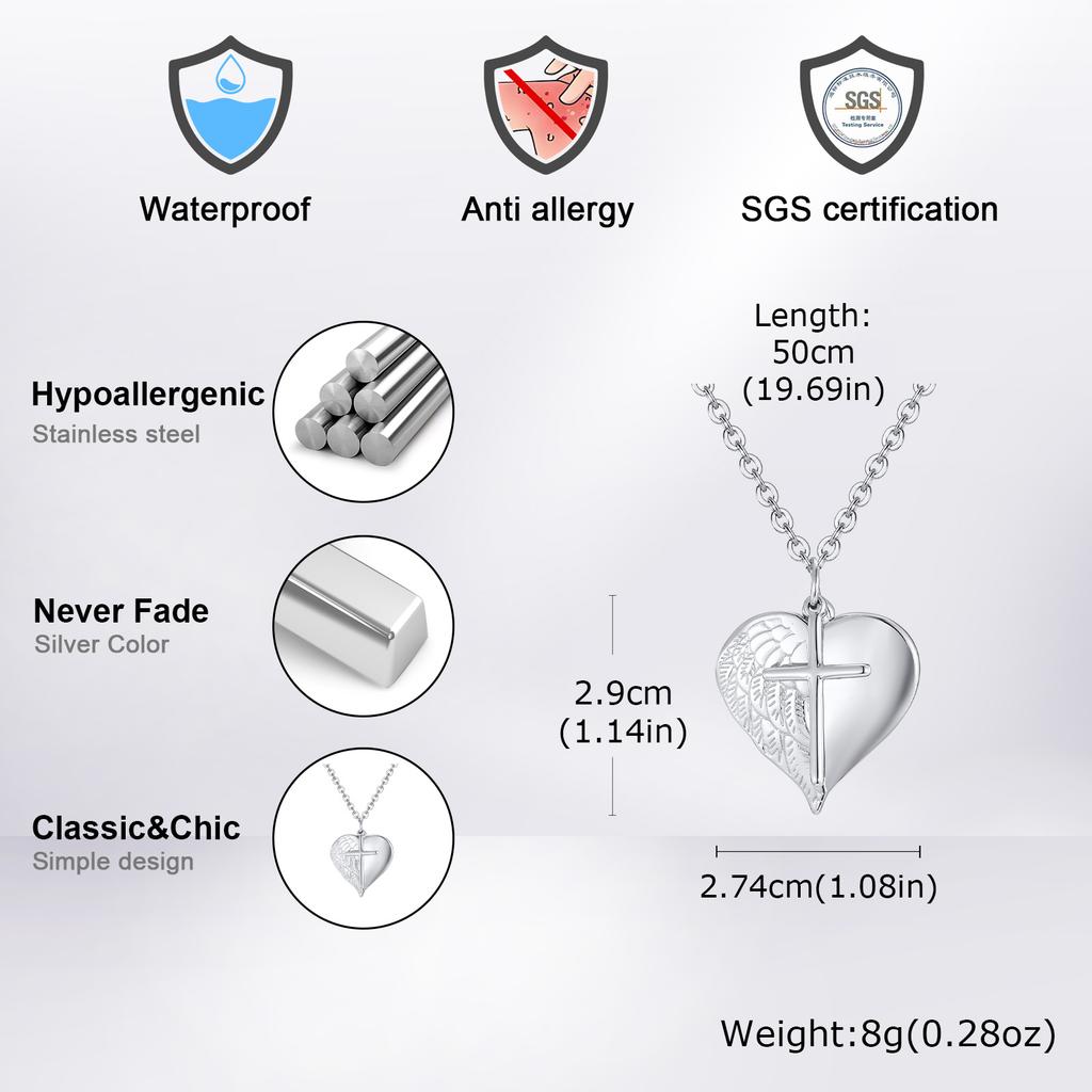 Fashion Cross Angel Wings Heart Pendant Necklace for Men Women Stainless Steel Creative Waterproof Jewelry Gift