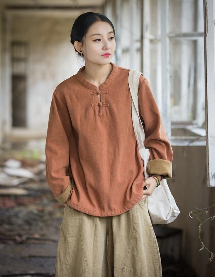 Johnature Damen Fleece-Hemden im chinesischen Stil, einfarbig, warme Oberteile, Stehkragen, Langarmblusen, Winter, Vintage-Knopfhemd