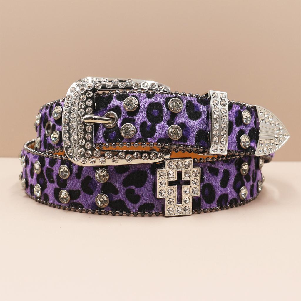 Cross Belt Leopard Print Western Rhinestone Belt Personalized Denim Woman Rivet Jeans Belt