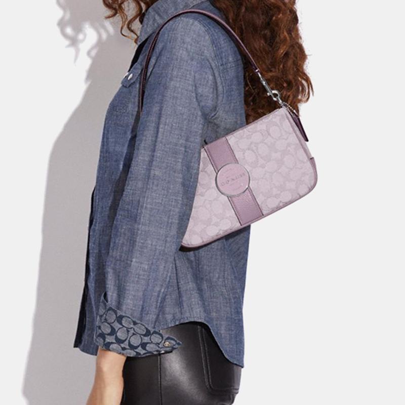 New COACH Lonnie Jacquard Fabric With Leather Shoulder Bag, Portable Crossbody Bag Medium Size Women's Lilac Purple C8306-SVSOT