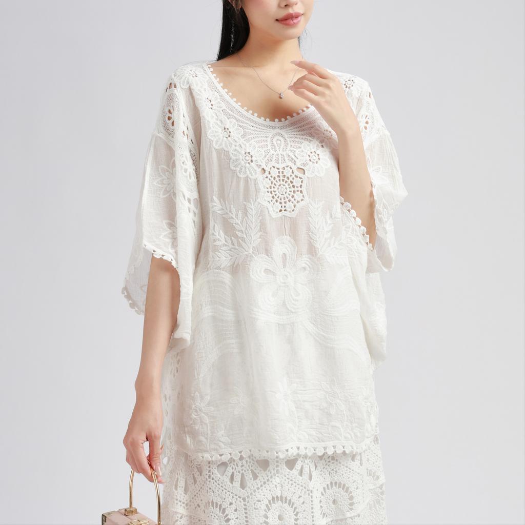 DIMANAF 2025 New Summer Basic Shirt Women Lace O-Neck Blouse Tops Tees Loose White Short Tees