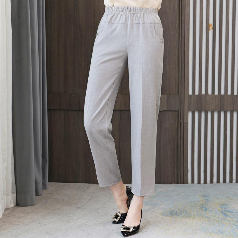 Summer High Waist Straight Pants for Women Plus Size Classic Elastic Waist Cotton Linen Trousers