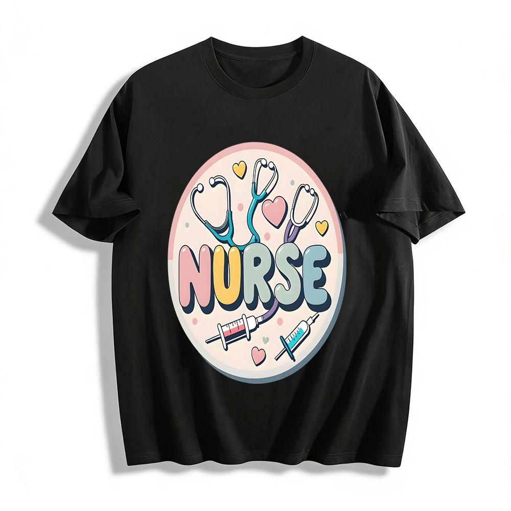 Cute Nurse Themed Stethoscope Syringe Print Casual Top Pure cotton T-shirt XXS