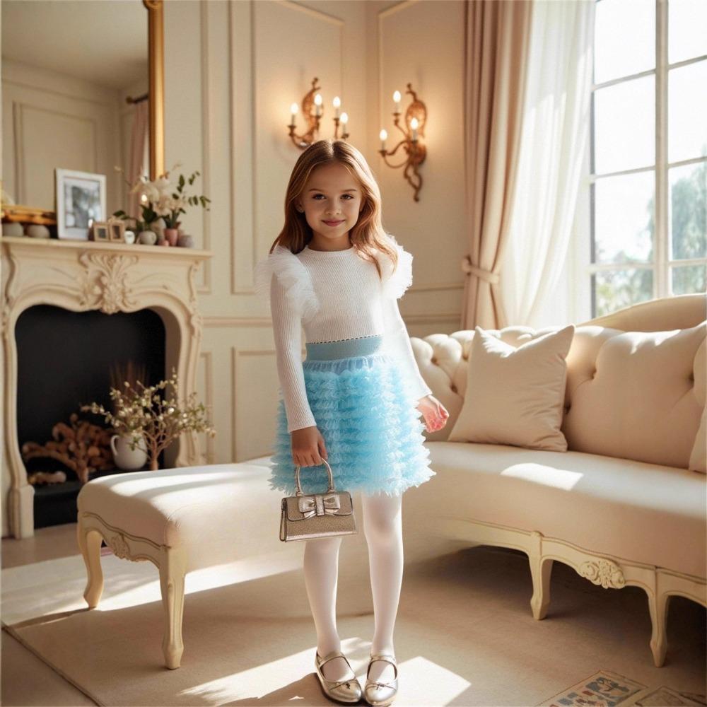 3-7Y Girls' Long-Sleeve T-Shirt + Skirt Children's Half-Skirt Spring/Fall Princess Tulle Skirt Long-Sleeve T-Shirt Puffy Skirt Set