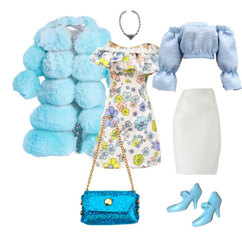 1/6 Doll Clothes Fashion Mix Blue Fur Coat Style for 12 inch Fashion Doll Outfits Set Handmade 30cm Doll Clothing Accessories