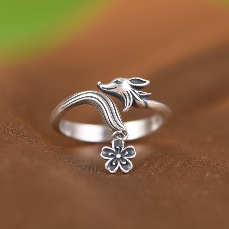 Adjustable Fox Ring Women Vintage Bohemian Style Copper Silver-Plated Open Band Jewelry