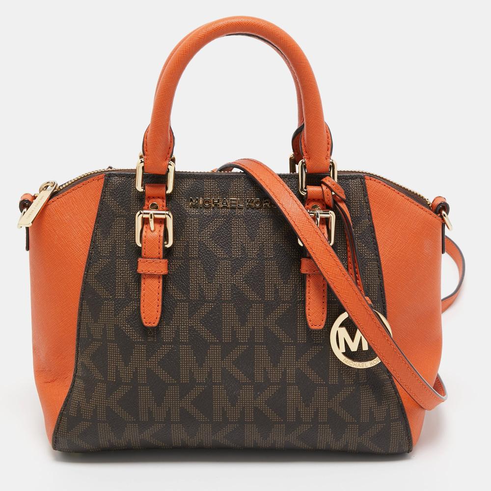 

Michael Kors коричневый Signature Coated Canvas and Leather Сумка Ciara среднего размера оранжевая