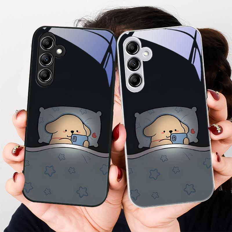 Staying Up Late Dog Male For Samsung Galaxy A01 02 03 Core A04 A14 4G A13 54 34 31 20 25 23 22 5G S21 Ultra S20 Glass Phone Case