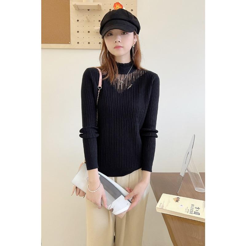 

Весенняя рубашка-бомбер женская темпераментная кружевная ажурная органза полувысокий воротник трикотаж One Size чёрный