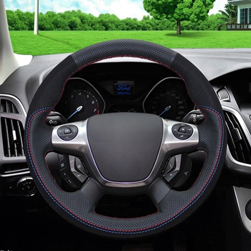 GNUPME DIY Customized Name Hand-Stitched Black Genuine Leather Car Steering Wheel Cover for Ford Focus Kuga Mondeo Edge