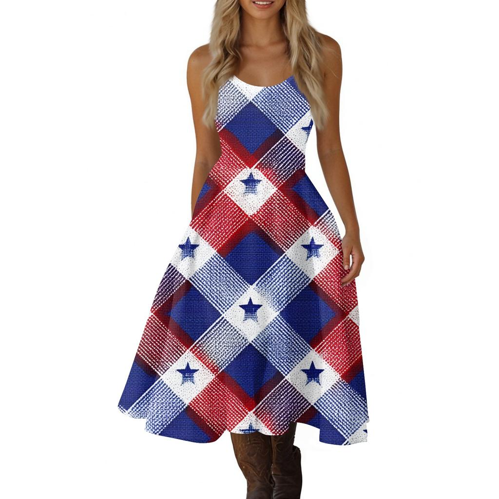 Women's Casual Fashion Independence Day Print V-Neck Retro Sleeveless Dress