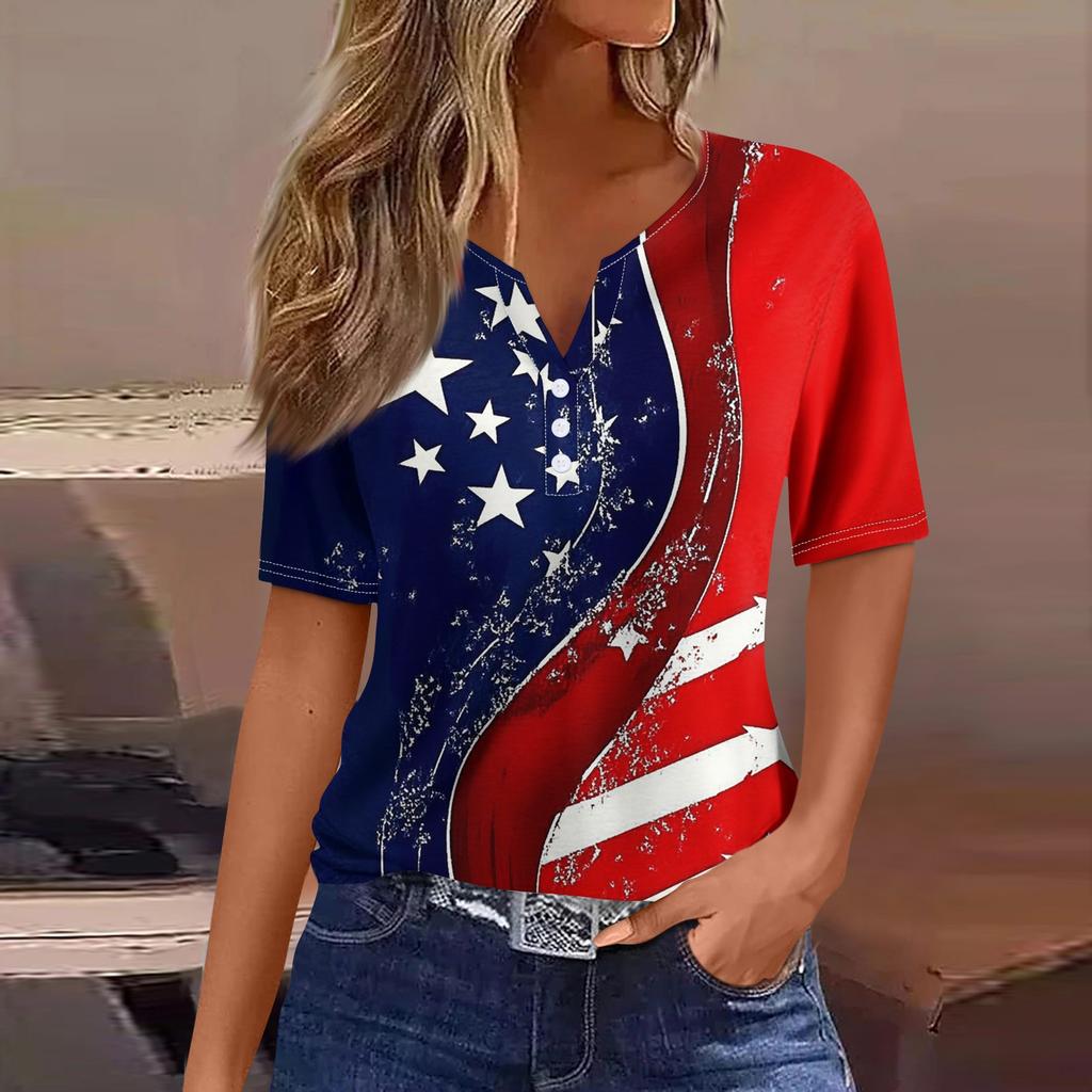 T-skjorte for kvinner med kortermet knapp med kortermet t-skjorte daglig helgmote Basic V-hals vanlig topp