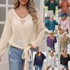 Women V Neck Hollow Out Long Sleeve Bow Tie Loose Knit Sun Protection Cover Up Sweater