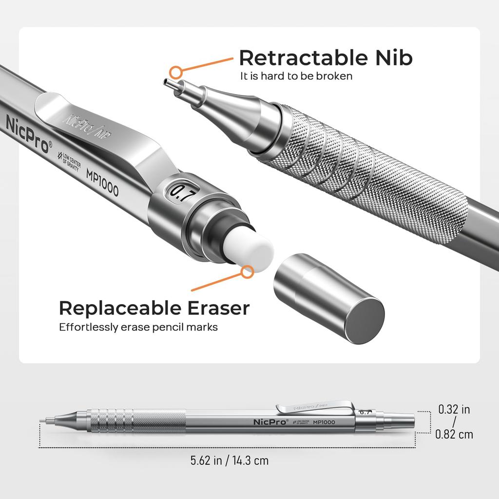 Nicpro 5-Piece Art Mechanical Pencil Set, Metal Drafting Pencils, 0.3, 0.5, 0.7, 0.9, 2mm, Graphite Lead Holder (4B, 2B, HB, 2H Colored Pencils), for
