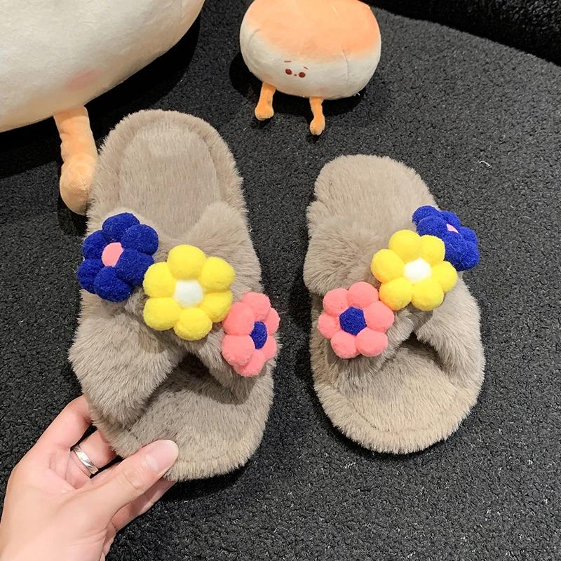 New Sweet Girls Winter Fur Slippers Elegant Flower Children Princess Warm Home Slippers Fashion Soft Versatile Kids Causal Shoes