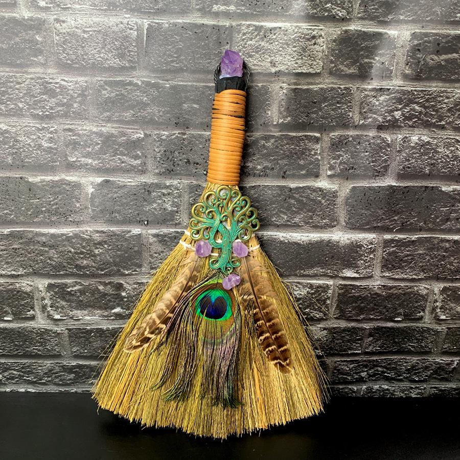 Big Broom Natural Amethyst Life Tree Halloween Peacock Feather Eye Altar Ornament  Witch Mini Broom Home Decoration Handicrafts