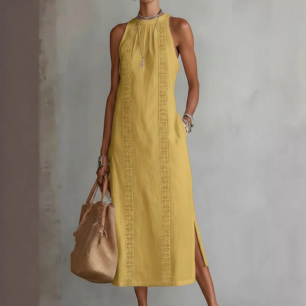 Modisches Vintage Komfortables Damenkleid aus Baumwoll-Leinen-Mischgewebe mit Spitzen-Einsätzen