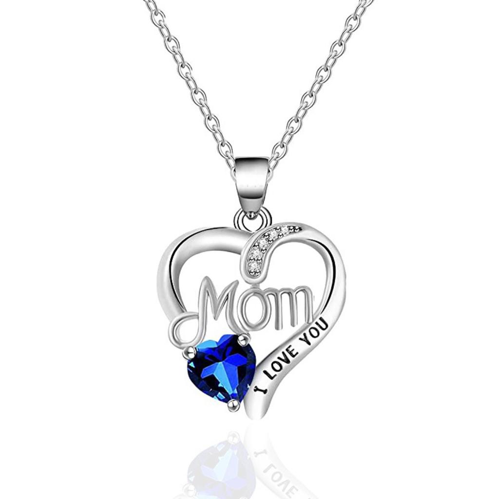 Open Heart Mom Letter Engraved I Love You Heart Stone Pendant Thin Link Chain Mother Gift Neck Jewelry