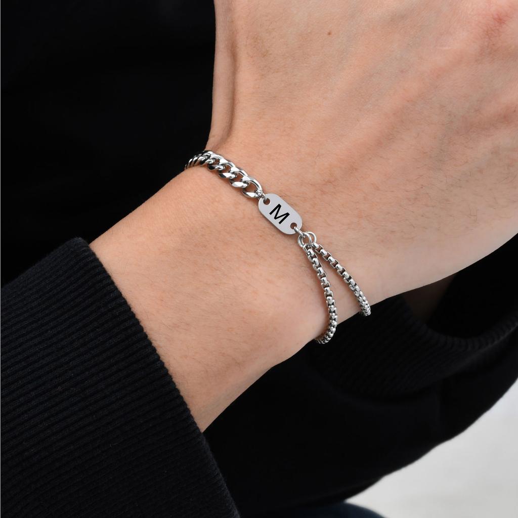 A-Z Initial Bracelets for Men Women,Waterproof Cuban Chain,Double Layered Box Link Chain Bracelets,Alphabet Name Jewelry Gift