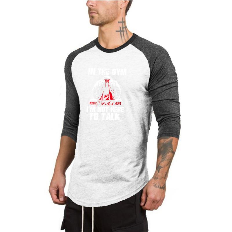 

Autumn Color Contrast Three Quarter Shirts Mens Bodybuilding Long Sleeves Casual T-shirts Gym Fitness Cotton Slim Fit Clothing XXL білий