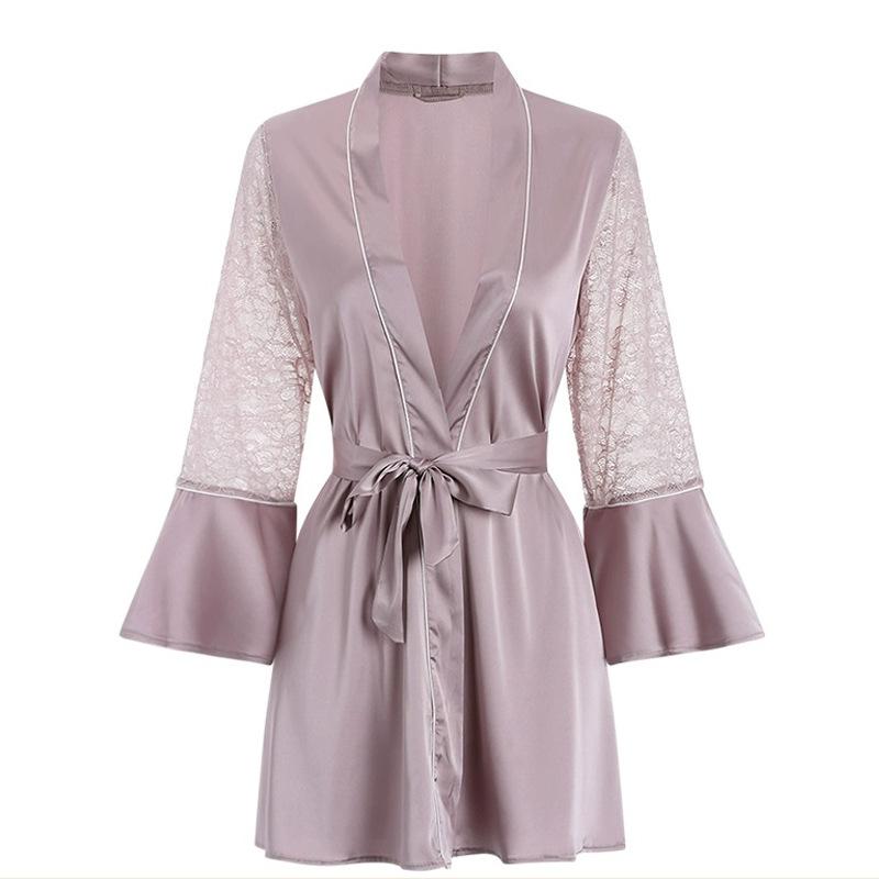 Flare Sleeve Robe Short Kimono Gown Sexy Lace Sleeve Bathrobe Satin Sleepwear Women Bathrobe