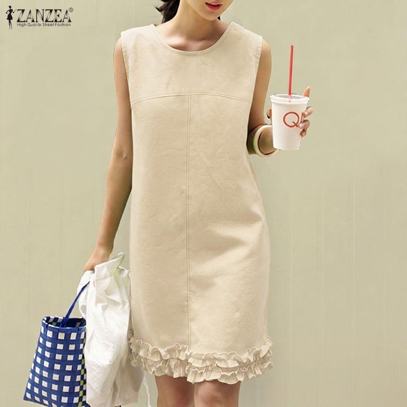 ZANZEA Women Casual Round Neck Solid Color Sleeveless Dress