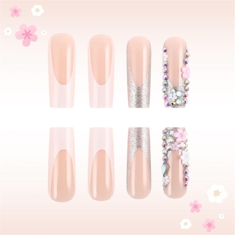 24pcs Square False Nail with 3D Flower Rhinestones Press On Nail Quick and Easy Application for Office or Party Use