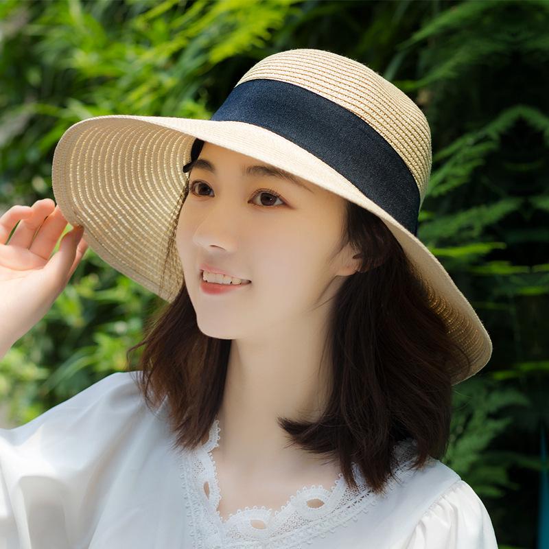 Korean Style Women's Wide Brim Straw Hat - Summer Seaside Bow Sun Protection