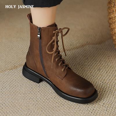 2024 Novas Botas Femininas de Inverno Sapatos de Couro Camurça de Vaca Biqueira Redonda Salto Grosso Sapatos Femininos Botas Plataforma Couro Genuíno Salto Alto
