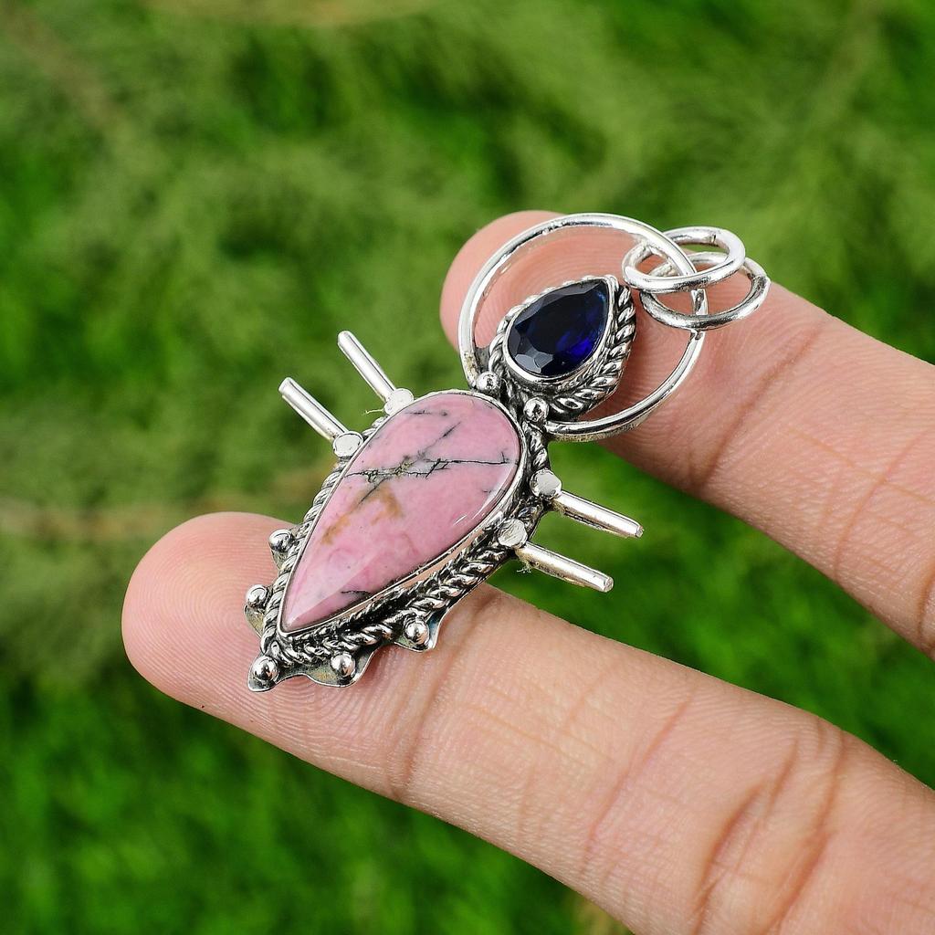 Natürlicher Rhodonit Edelstein Anhänger 925 Sterling Silber Indischer Schmuck Für Frauen