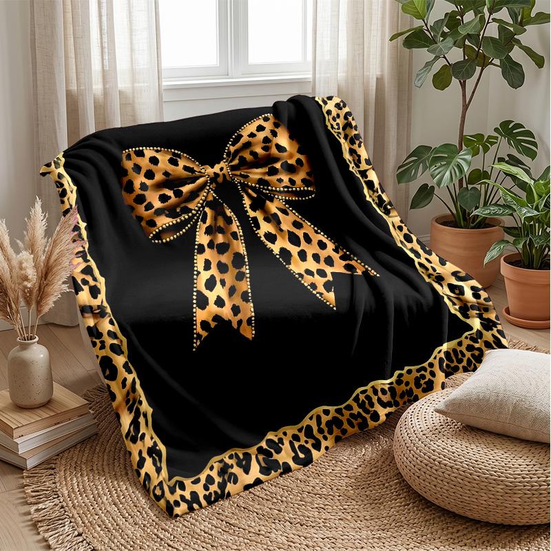 Leopard Print Bow Design Theme Blanket Lightweight Warm Flannel Blanket Decorative Throw Blanket for Home Decoration