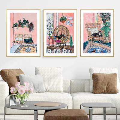 Nostalgico Retro Pittura ad Olio Gatto Divano Pianta Poster Pittura Nucleo Stampa Arte da Parete Decorazione per la Casa Pittura su Tela Senza Cornice