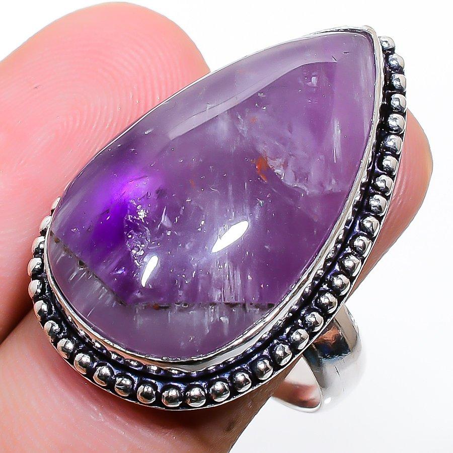 Anello in argento sterling 925 fatto a mano con pietra preziosa di ametista salvia, misura 8,5