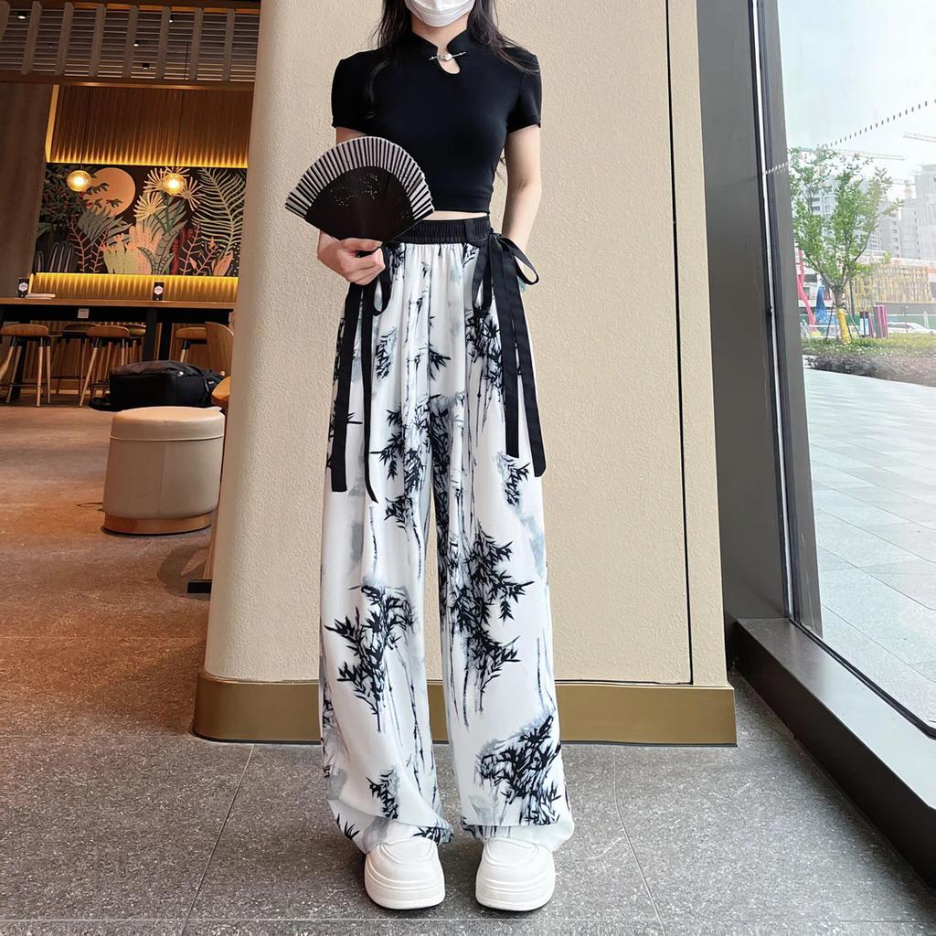 New Chinese Casual Pants Spring and Summer Thin Retro Ink Painting National Style Wide-leg Pants Loose Straight Women's Pants