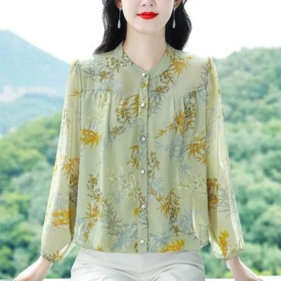 Damen Leuchtgrüne Pflanzenprint Bluse Rundhals Lange Laternenärmel Chiffon Lässiges Oberteil