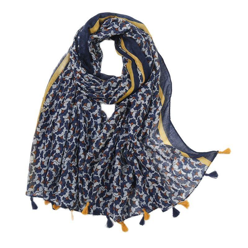 Spain Luxury Brand Navy Blue Lovely Floral Tassel Viscose Shawl Scarf Lady High Quality Wrap Headband Bufandas Muslim Hijab
