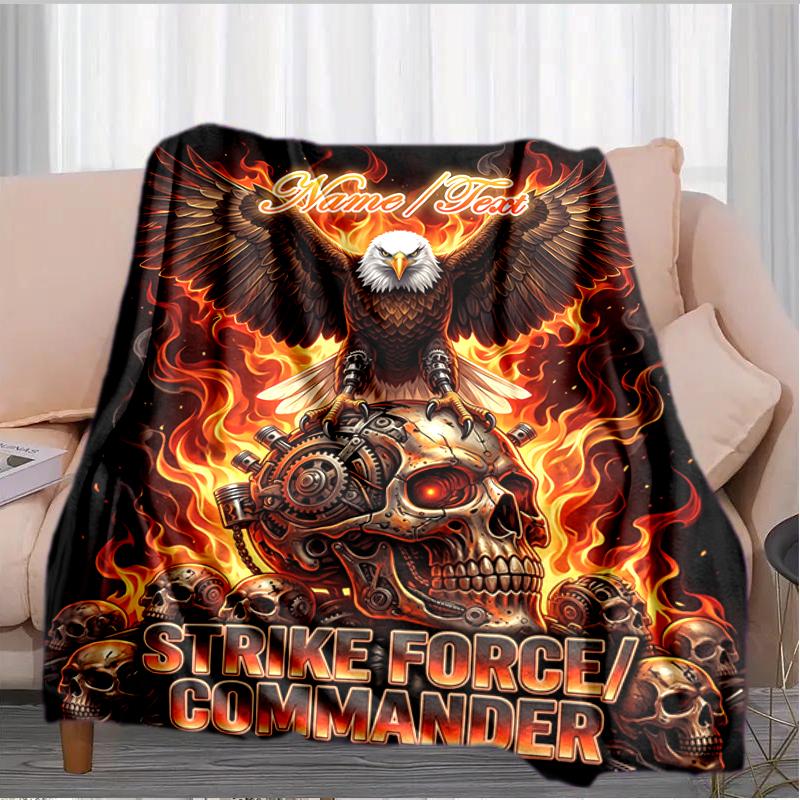 1PC Custom Name Eagle Skull Fire Power flannel blanket versatile,all-season throw suitable for the living room,bedroom,camping,travel,and gift