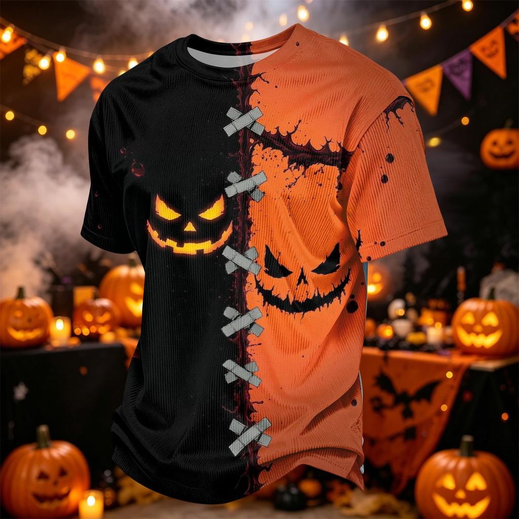 Herren Freizeit-Corduroy-Kurzarmhemd Leicht Atmungsaktiv Rundhalsausschnitt Oberteil Halloween-Muster Design Bequeme Passform