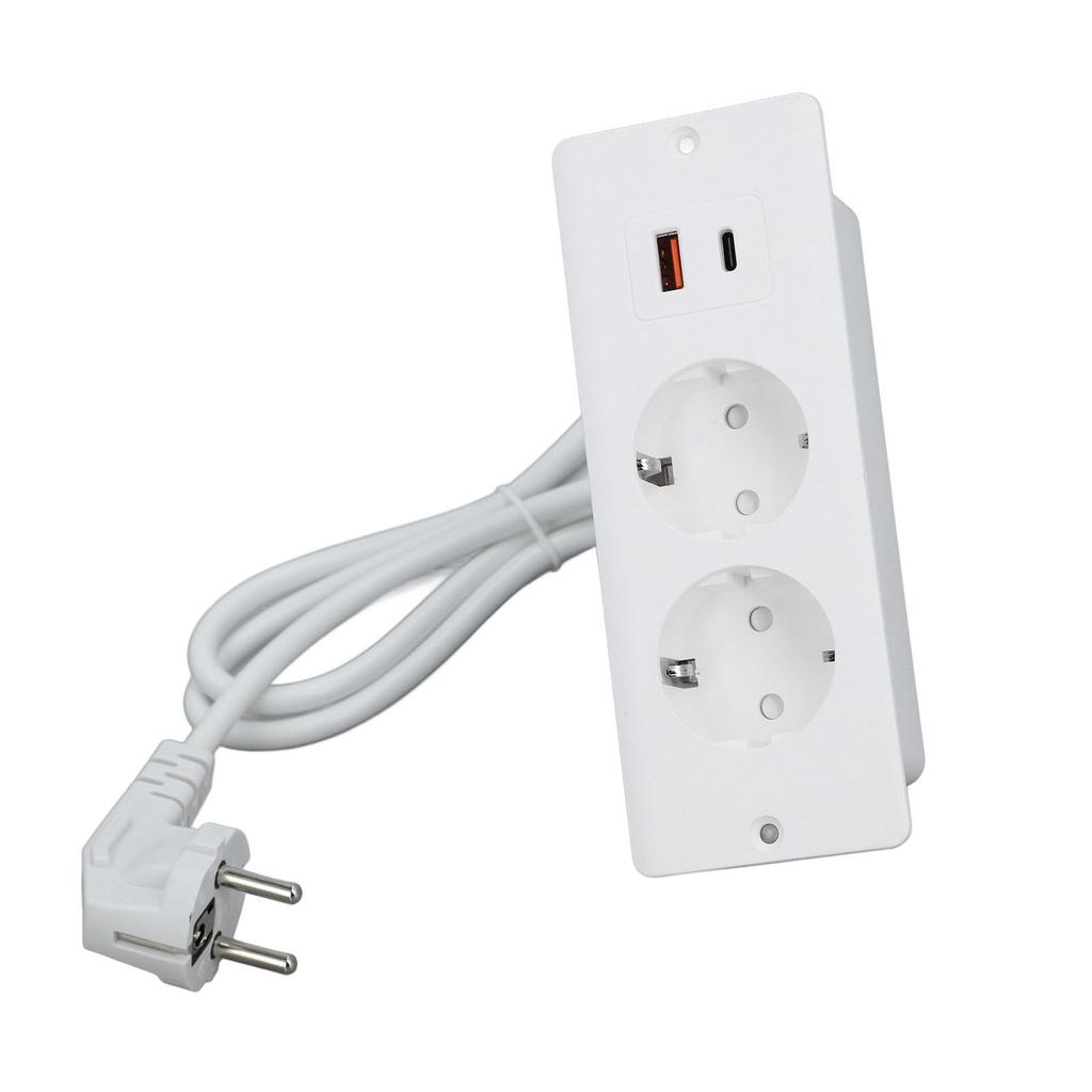 Recessed Socket 2 Outlets with PD20W USB C USB A Port Embedded Furniture Power Strip 1.5m Cord