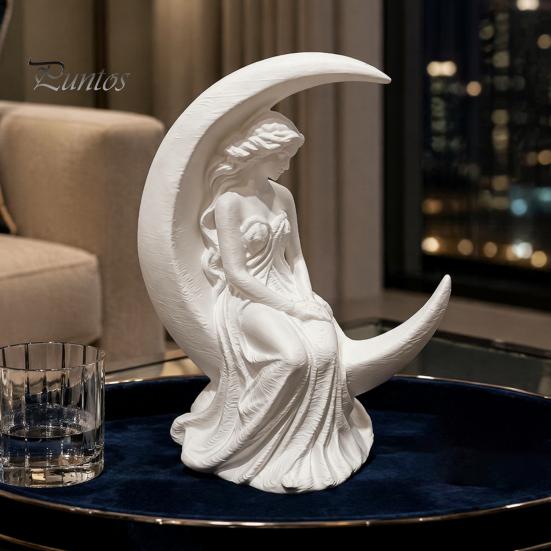 Modern Home Decoration Moon Goddess Fairy Figurine, Matte White Sculpture, 3D Printed PLA Elegant Ornament Winged Statue, Mystical Fantasy for