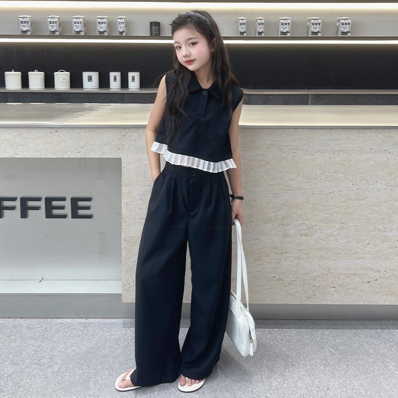 Girls' Stylish Summer Streetwear: Ruffle Polo Top & Wide-Leg Pants Set