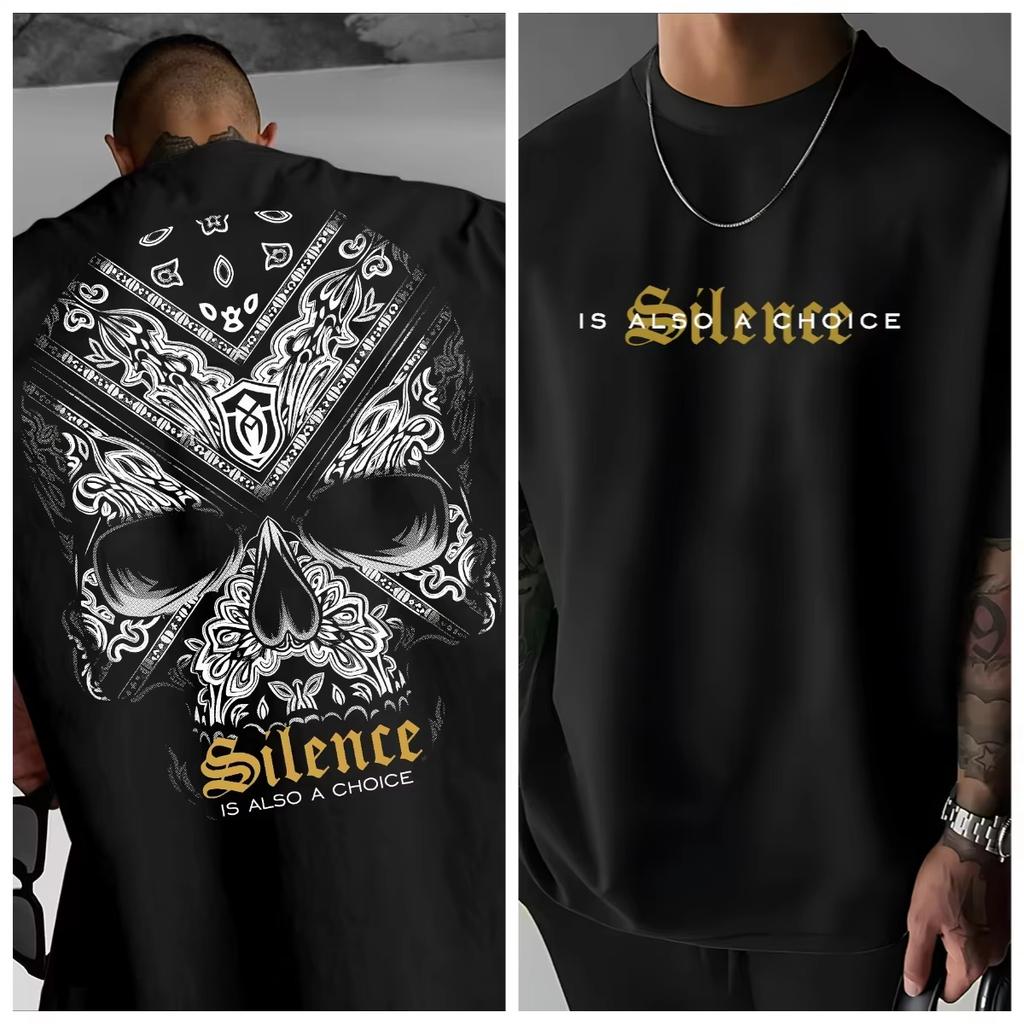 2026 New Unisexs Clothing Tshirt Bold Pattern Back Print with Skull and Cross Bone DesignSilence Is Also A Choice Text Summer