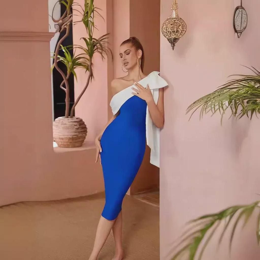 European & American One-Shoulder Bow Bandage Dress with Celebrity-Style Slim Fit Skirt