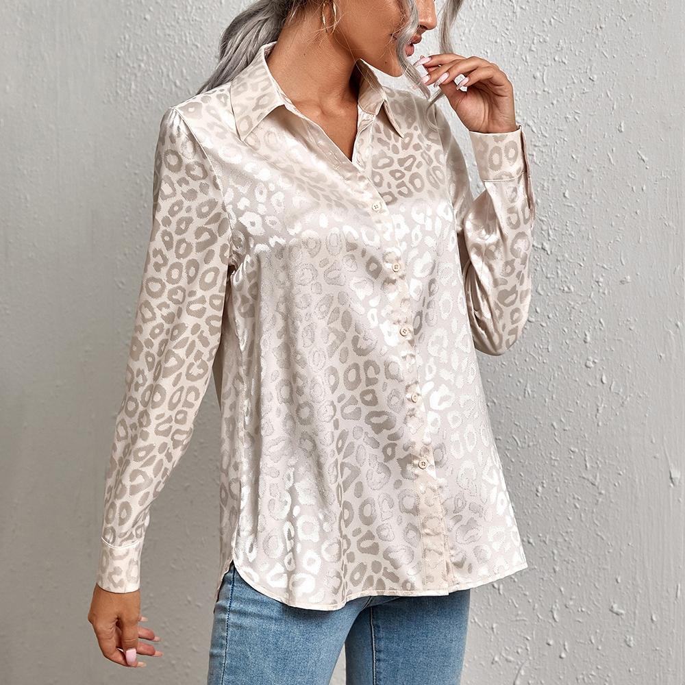 QICED Women's Spring Summer Lapel Open Button Leopard Print Jacquard Shirt Temperament Commuter Long Sleeve Shirt